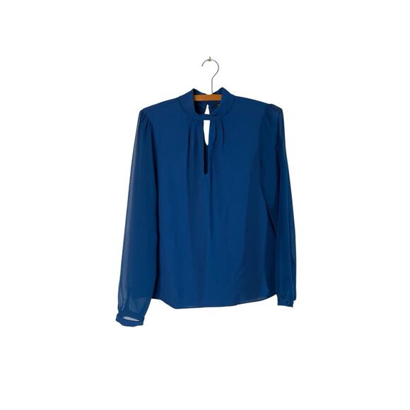 1 State Revolve Blouse Chiffon Blue Semi Sheer Keyhole MockNeck Covered Button S - Picture 1 of 11